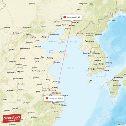 Shenyang - Hangzhou direct flight map