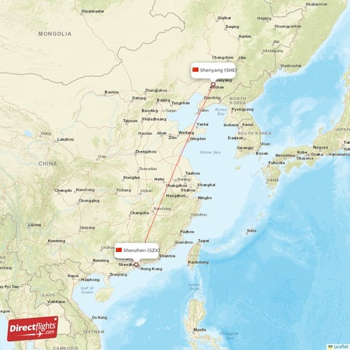 Shenyang - Shenzhen direct flight map