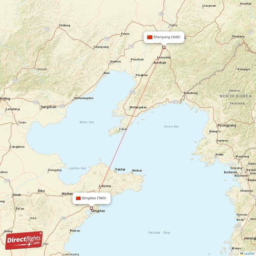 Shenyang - Qingdao direct flight map