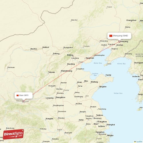 Shenyang - Xian direct flight map