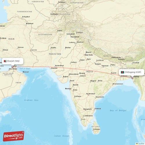 Sharjah - Chittagong direct flight map