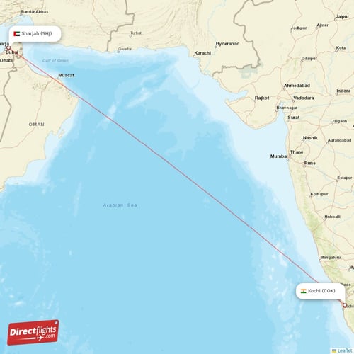 Sharjah - Kochi direct flight map