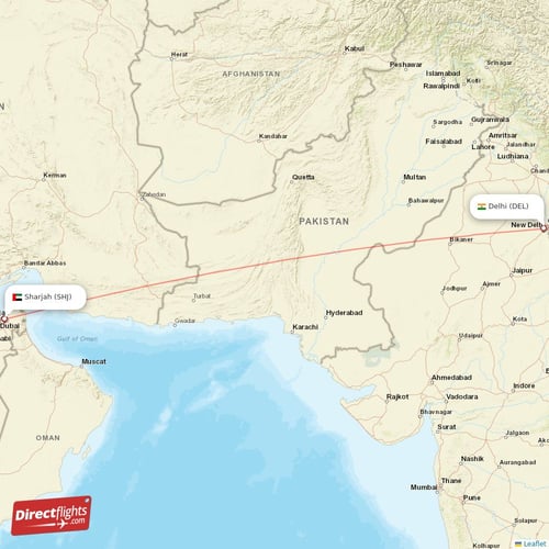 Sharjah - Delhi direct flight map