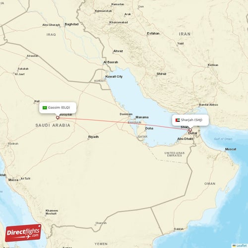 Sharjah - Gassim direct flight map