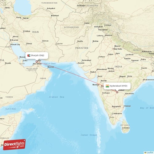 Sharjah - Hyderabad direct flight map