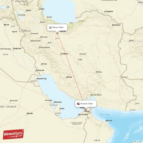 Sharjah - Tehran direct flight map