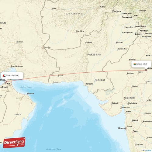 Sharjah - Jaipur direct flight map