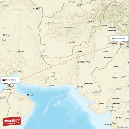 Sharjah - Lahore direct flight map