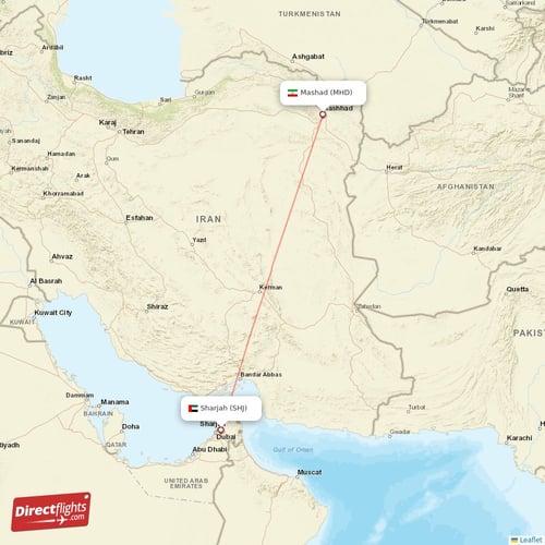 Sharjah - Mashad direct flight map
