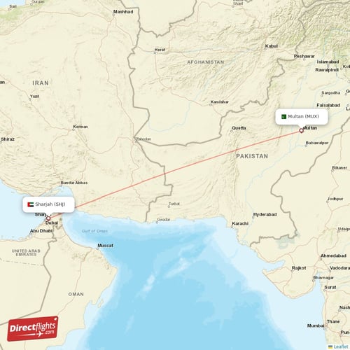 Sharjah - Multan direct flight map