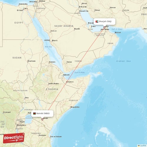 Sharjah - Nairobi direct flight map