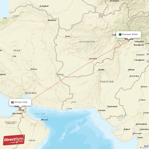Sharjah - Peshawar direct flight map