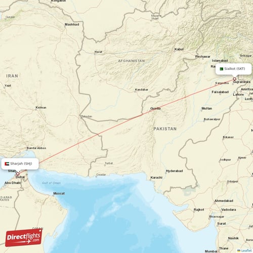 Sharjah - Sialkot direct flight map