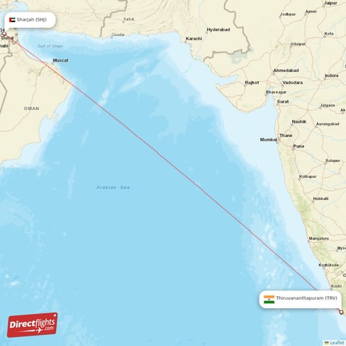Sharjah - Thiruvananthapuram direct flight map