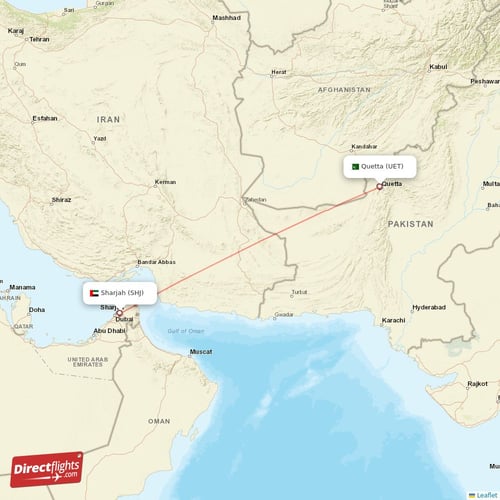 Sharjah - Quetta direct flight map