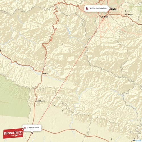 Simara - Kathmandu direct flight map
