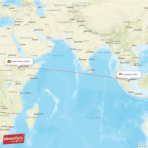 Singapore - Addis Ababa direct flight map