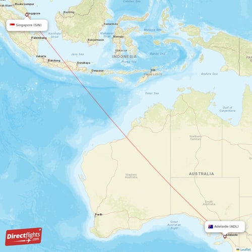 Singapore - Adelaide direct flight map