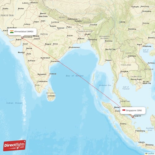 Singapore - Ahmedabad direct flight map