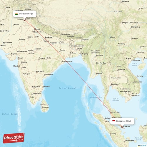 Singapore - Amritsar direct flight map