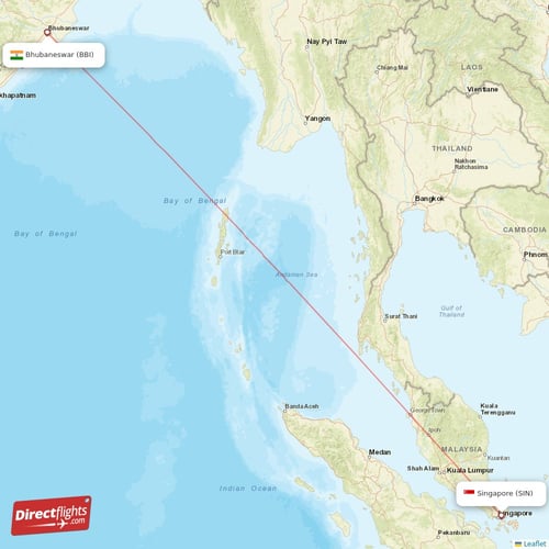 Singapore - Bhubaneswar direct flight map