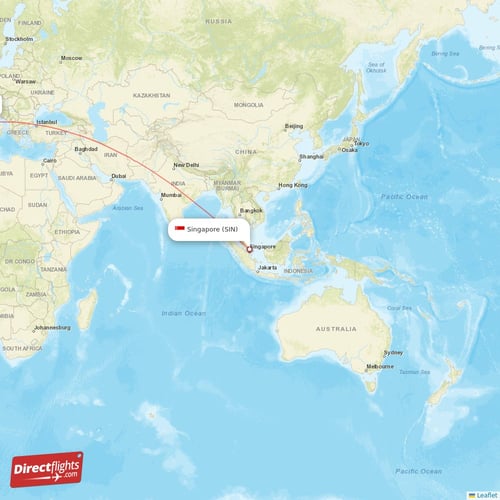 Singapore - Barcelona direct flight map