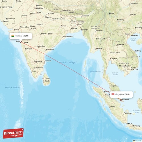 Singapore - Mumbai direct flight map