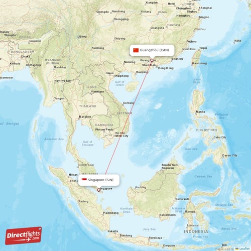 Singapore - Guangzhou direct flight map