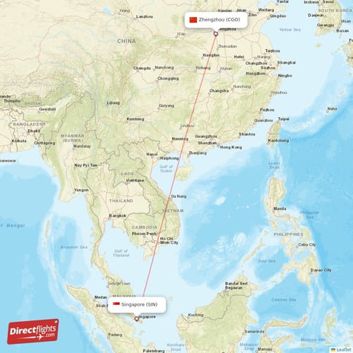 Singapore - Zhengzhou direct flight map