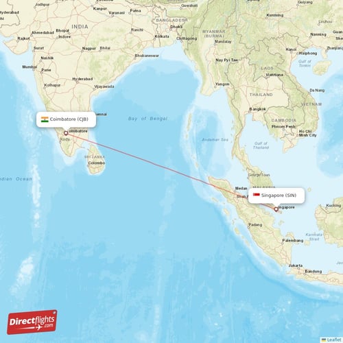 Singapore - Coimbatore direct flight map