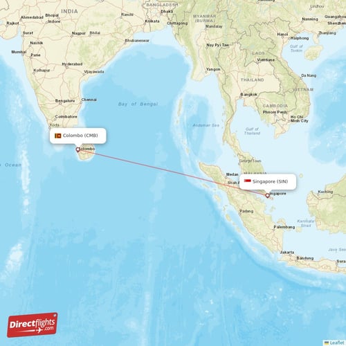 Singapore - Colombo direct flight map