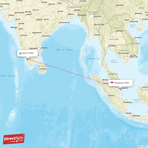 Singapore - Kochi direct flight map