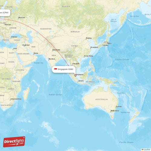 Singapore - Copenhagen direct flight map