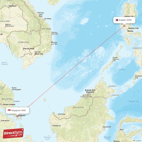 Singapore - Angeles direct flight map