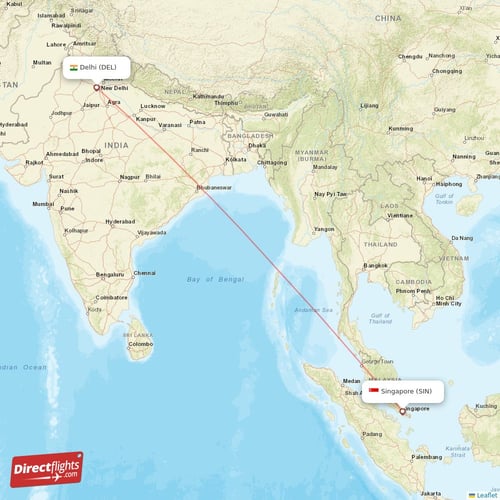 Singapore - Delhi direct flight map