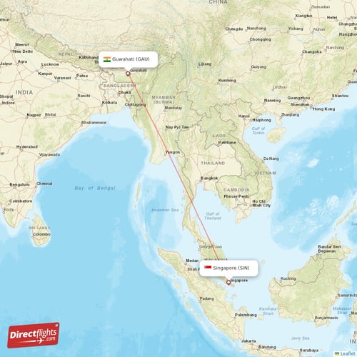 Singapore - Guwahati direct flight map