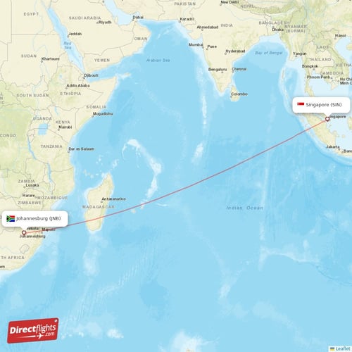 Singapore - Johannesburg direct flight map