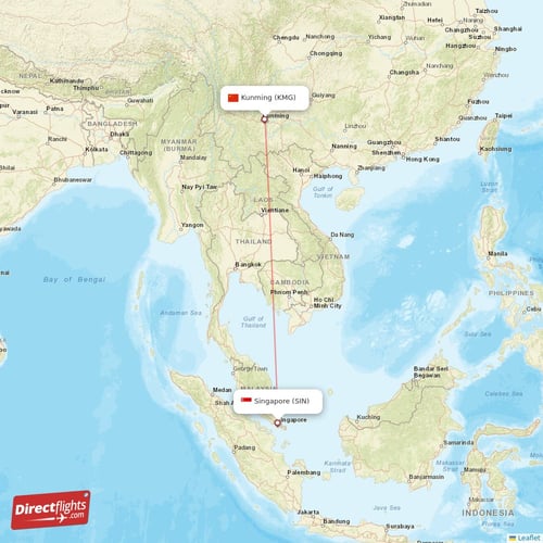 Singapore - Kunming direct flight map