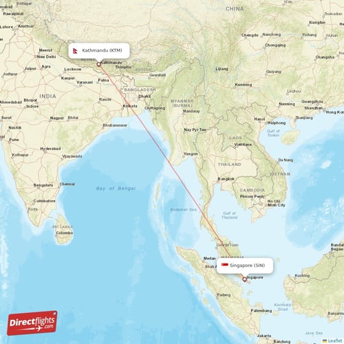 Singapore - Kathmandu direct flight map
