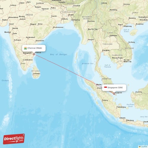 Singapore - Chennai direct flight map