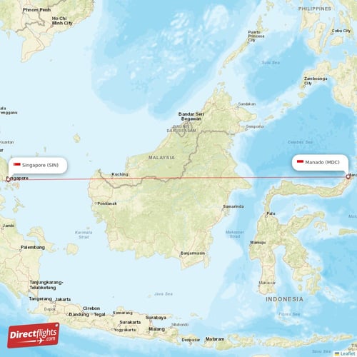 Singapore - Manado direct flight map