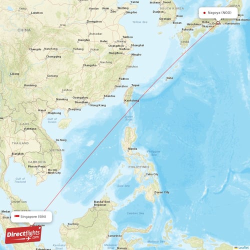 Singapore - Nagoya direct flight map