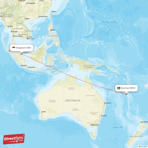 Singapore - Noumea direct flight map