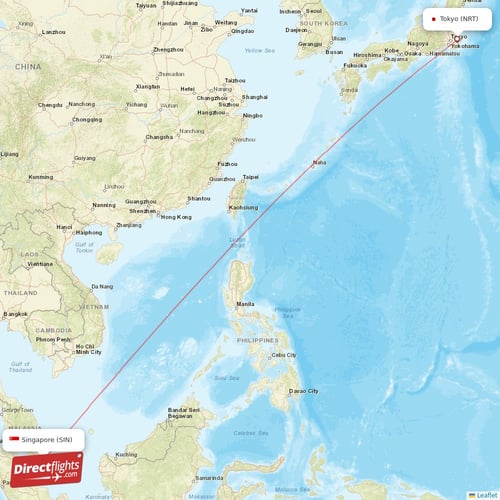 Singapore - Tokyo direct flight map