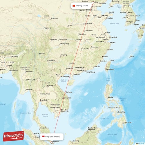 Singapore - Beijing direct flight map