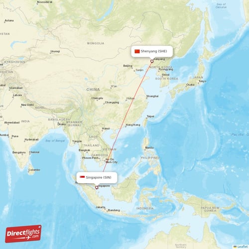 Singapore - Shenyang direct flight map