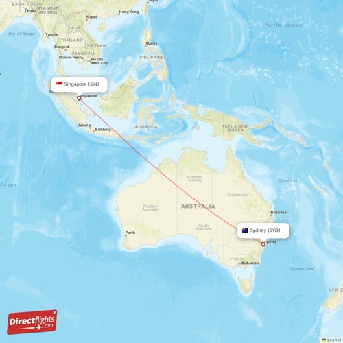 Singapore - Sydney direct flight map
