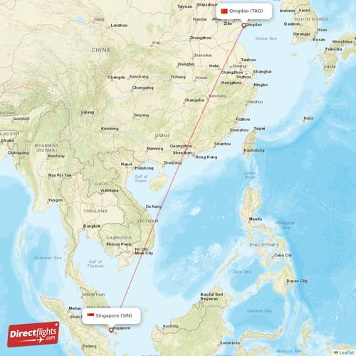 Singapore - Qingdao direct flight map