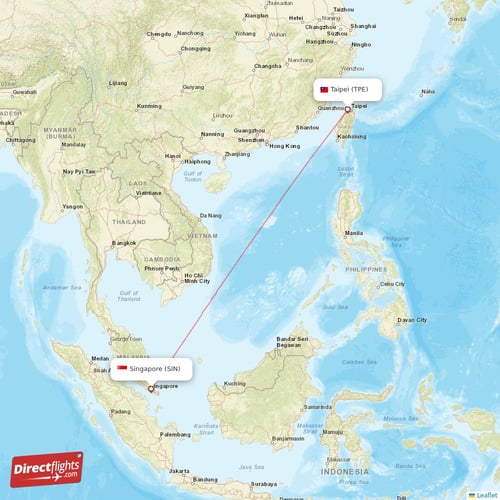 Singapore - Taipei direct flight map