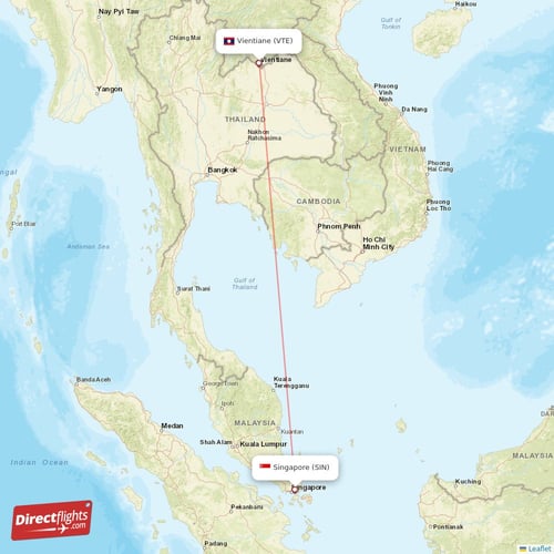 Singapore - Vientiane direct flight map